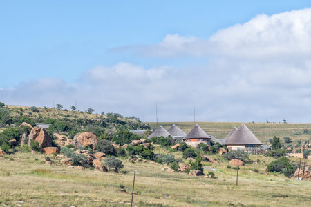 GOLDEN GATE HIGHLANDS NATIONAL PARK, SOUTH AFRICA - MARCH 6, 2020: A view of the Basotho Cultural Village in the Golden Gate Highlands National Parkのeditorial素材