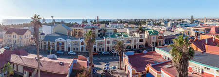 SWAKOPMUND, NAMIBIA - JUNE 9, 2011: Panoramic view from the tower of the historic Woermann House in Swakopmund. Buildings are visibleのeditorial素材
