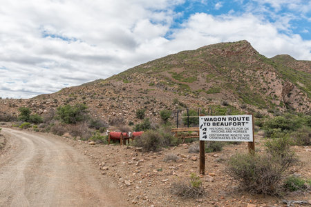 BOSCH LUYS KLOOF, SOUTH AFRICA - APRIL 6, 2021: An ox-wagon and oxen memorial on the historic wagon route to Beaufort in Bosch Luys Kloof in the Swartberg mountains. An information board is visibleのeditorial素材