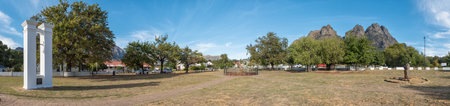 PNIEL, SOUTH AFRICA - APRIL 12, 2021: Panoramic view of the bell tower, Slave Freedom Monument and the Ubuntu monument in Pniel in the Western Cape Provinceのeditorial素材