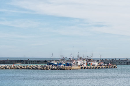 GANSBAAI, SOUTH AFRICA - APRIL 12, 2021: View of the harbour in Gansbaai in the Western Cape...
