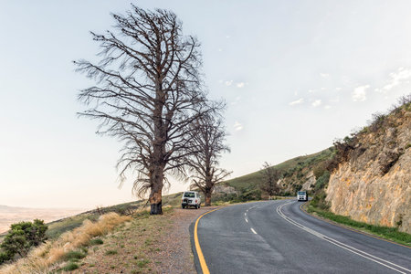 PAARL, SOUTH AFRICA - APRIL 20, 2021: View of the Du Toitskloof Pass on road R101 near Paarl in the Western Cape Province. Vehicles and dead trees are visibleのeditorial素材