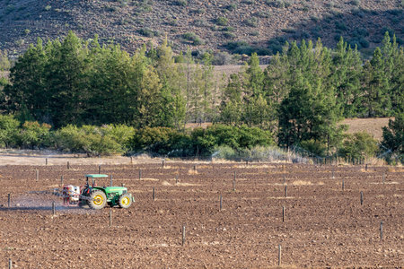 KREDOUW, SOUTH AFRICA - APRIL 21, 2021: A green tractor spraying a newly prepared orchard at Kredouw...