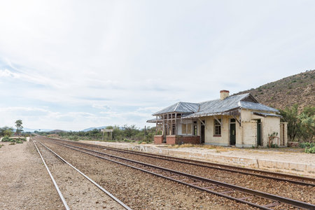 Ruins of the Vondeling Railway Station on road R407 between Klaarstroom and Willowmore. Railway tracks are visibleの写真素材