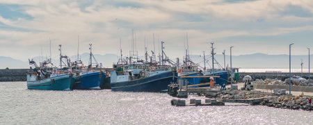 GANSBAAI, SOUTH AFRICA - APRIL 12, 2021: View of the harbour in Gansbaai in the Western Cape Province. Fishing trawlers, people and vehicles are visibleのeditorial素材