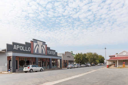 VICTORIA WEST, SOUTH AFRICA - SEP 2, 2022: A street scene, with the historic Apollo Art Deco Theatre and Restaurant, in Victoria West in the Northern Cape Provinceのeditorial素材