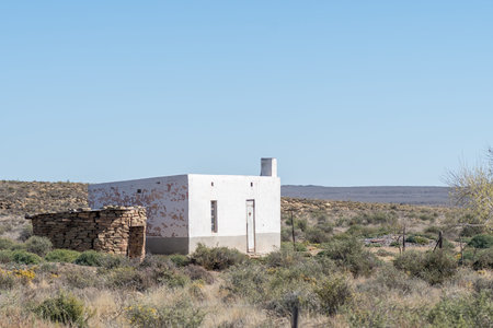 FRASERBURG, SOUTH AFRICA - SEP 3, 2022: A farm worker house next to road R356 near Fraserburg in the Northern Cape Karoo.のeditorial素材