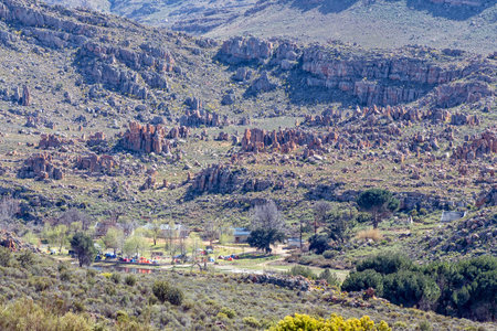 SANDDRIF, SOUTH AFRICA - SEP 6, 2022: View of Sanddrif resort in the Western Cape Cederberg. Tents and the Valley of the Red Gods are visibleのeditorial素材