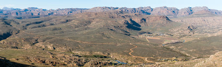 Panoramic view from hiking trail to the Wolfberg Cracks at Sanddrif in the Western Cape Cederberg, Sanddrif and Dwarsrivier are visibleの写真素材