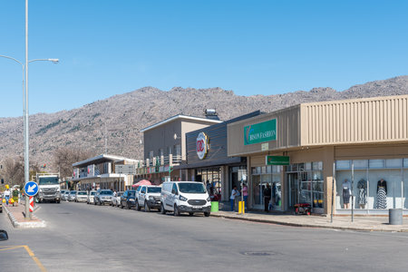 CERES, SOUTH AFRICA - SEP 9, 2022: A street scene, with businesses, people and vehicles, in Ceres in the Western Cape Province.のeditorial素材