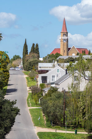 Stanford, South Africa - Sep 20, 2022: A street scene in Stanford in the Western Cape Province. The Dutch Reformed Church is visibleのeditorial素材