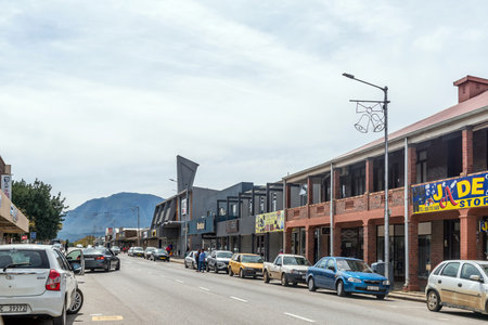 Riversdale, South Africa - Sep 24, 2022: A street scene, with a supermarket, people and vehicles, in Riversdale in the Western Cape Provinceのeditorial素材