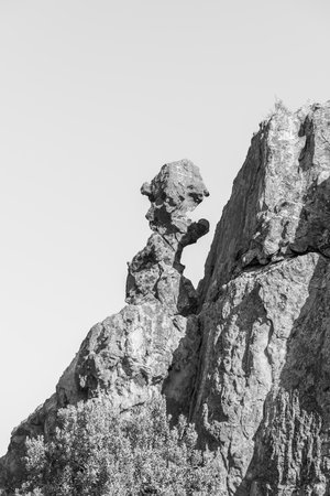 The delicate Lots Wife rock formation on the hiking trail at Dwarsrivier in the Western Cape Cederberg. Monochromeの写真素材