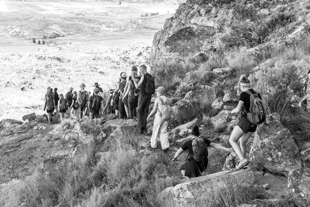 Sanddrif, South Africa - Sep 7, 2022: Hikers descending Wolfberg below the cracks near Sanddrif in the Western Cape Cederberg. Monochromeのeditorial素材