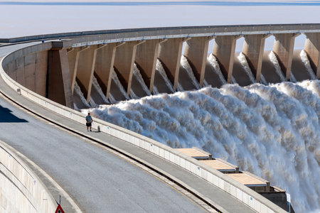 Gariepdam, South Africa - Feb 21, 2023: The largest dam in South Africa, the Gariep Dam, overflowing. It is in the Orange River. People are visible for size comparisonのeditorial素材