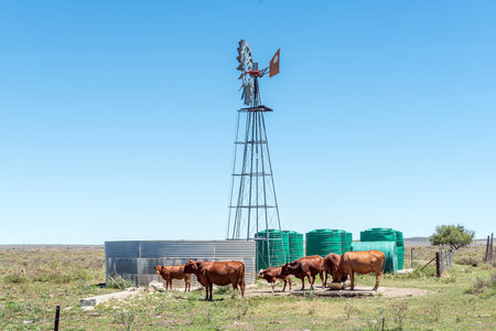 A windmill, dam, water storage ranks and cattle on road R369 between Colesberg and Petrusville in the Northern Cape Provinceの写真素材