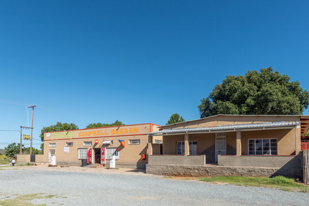 Campbell, South Africa - Feb 24, 2023: A street scene, with a general store and gas station, in Campbell in the Northern Cape Provinceのeditorial素材