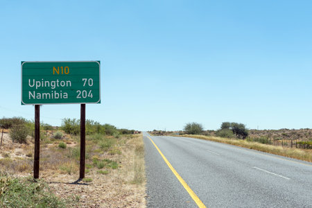 A distance sign on road N10 near Grootdrink in the Northern Cape Province. The distance to Namibian border is shownの写真素材