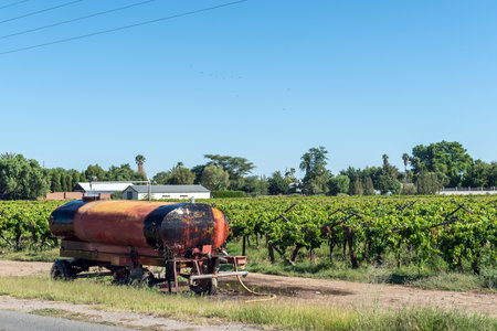 Kanoneiland, South Africa - Feb 25, 2023:A leaking water trailer, vinyeard and buildings in Kanoneiland, an island in the Orange River near Upingtonのeditorial素材