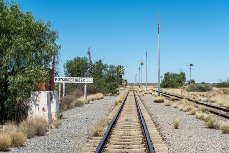 The railway station at Putsonderwater, a ghost town in the Northern Cape Province. A name board is visibleの写真素材
