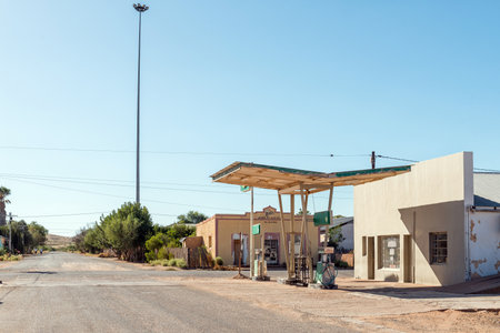 Marydale, South Africa - Feb 28 2023: A street scene, with a gas station, in Marydale in the Northern Cape Provinceのeditorial素材
