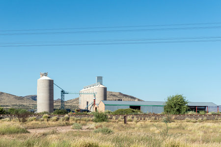 Prieska, South Africa - Mar 1, 2023: Grain silos in Prieska in the Northern Cape Province. A railway track is visibleのeditorial素材