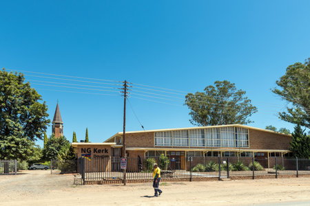 Douglas, South Africa - Mar 1, 2023: A street scene, with the Dutch Reformed Church and Hall, in Douglas in the Northern Cape Provinceのeditorial素材