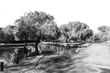 Flooding at the caravan park in the Augrabies Falls National Park. Monochromeの写真素材
