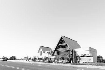 Bettys Bay, South Africa - Sep 20, 2022: A street scene, with businesses, people and vehicles, in Bettys Bay in the Western Cape Province. Monochromeのeditorial素材