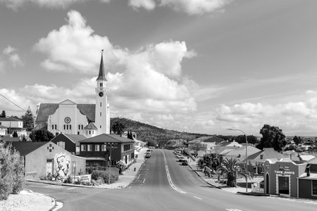 Napier, South Africa - Sep 23, 2022: A street scene in Napier in the Western Cape Province. The Dutch Reformed Church is visible. Monochromeのeditorial素材