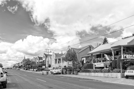 Napier, South Africa - Sep 23, 2022: A street scene, with businesses and vehicles, in Napier in the Western Cape Province. Monochromeのeditorial素材