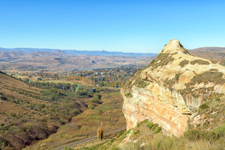 Clarens as seen from the top of the Titanic Rock, a sandstone hill outside of Clarensの写真素材
