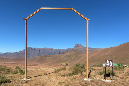 Starting point of hiking trails at Witsieshoek Mountain Resort. The Amphitheatre is visibleの写真素材