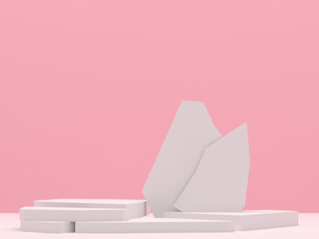 white stone podium products display minimal mockup 3d render. scene front view pink room and pink background podium shape nature. stand show cosmetic product. Stage showcaseの写真素材