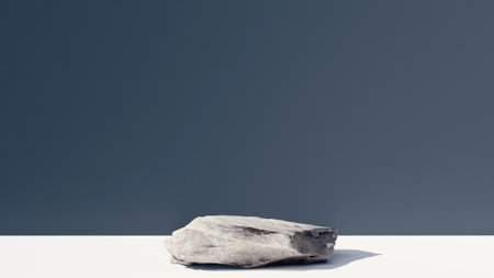 3d stone podium background products display mockup 3d render. scene on white floor, leaf, rock, and navy blue background podium shape nature. stand show cosmetic product.の写真素材