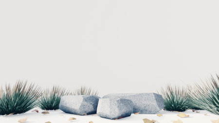 3d stone podium background products display mockup 3d render. scene on white floor, leaf, rock, and white background podium shape nature. stand show cosmetic product.の写真素材