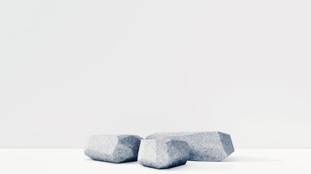 3d stone podium background products display mockup 3d render. scene on white floor, leaf, rock, and white background podium shape nature. stand show cosmetic product.の写真素材