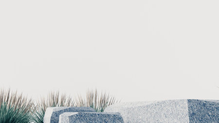 3d stone podium background products display mockup 3d render. scene on white floor, leaf, rock, and white background podium shape nature. stand show cosmetic product.の写真素材