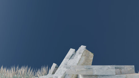3d stone podium background products display mockup 3d render. scene on white floor, leaf, rock, and navy blue background podium shape nature. stand show cosmetic product.の写真素材