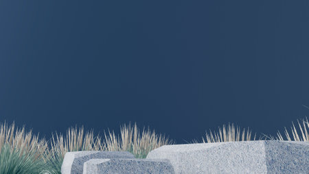 3d stone podium background products display mockup 3d render. scene on white floor, leaf, rock, and navy blue background podium shape nature. stand show cosmetic product.の写真素材
