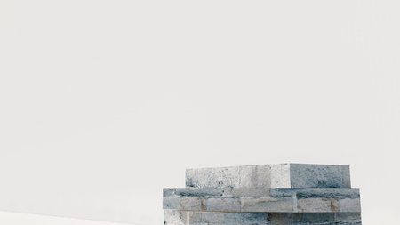 3d stone podium background products display mockup 3d render. scene on white floor, leaf, rock, and white background podium shape nature. stand show cosmetic product.の写真素材