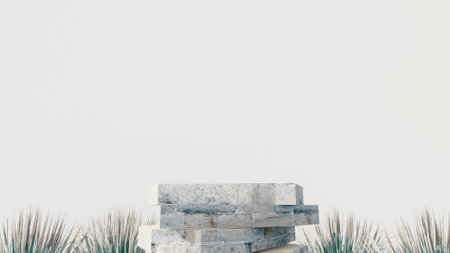 3d stone podium background products display mockup 3d render. scene on white floor, leaf, rock, and white background podium shape nature. stand show cosmetic product.の写真素材
