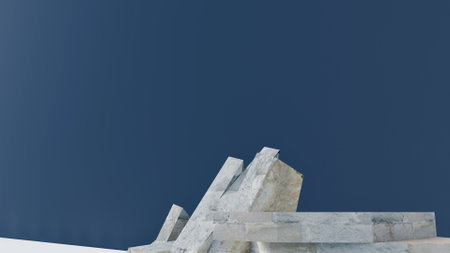 3d stone podium background products display mockup 3d render. scene on white floor, leaf, rock, and navy blue background podium shape nature. stand show cosmetic product.の写真素材