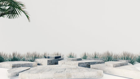 3d stone podium background products display mockup 3d render. scene on white floor, leaf, rock, and white background podium shape nature. stand show cosmetic product.の写真素材