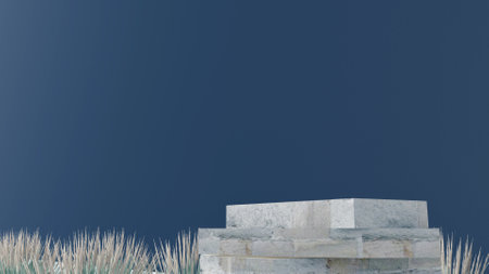 3d stone podium background products display mockup 3d render. scene on white floor, leaf, rock, and navy blue background podium shape nature. stand show cosmetic product.の写真素材
