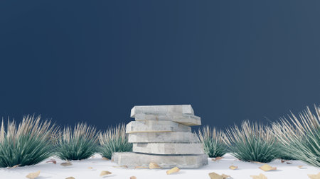 3d stone podium background products display mockup 3d render. scene on white floor, leaf, rock, and navy blue background podium shape nature. stand show cosmetic product.の写真素材