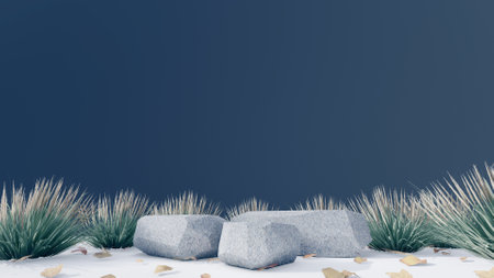 3d stone podium background products display mockup 3d render. scene on white floor, leaf, rock, and navy blue background podium shape nature. stand show cosmetic product.の写真素材