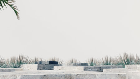 3d stone podium background products display mockup 3d render. scene on white floor, leaf, rock, and white background podium shape nature. stand show cosmetic product.の写真素材