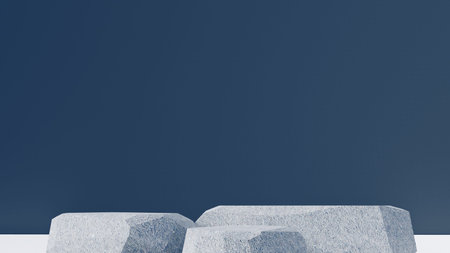 3d stone podium background products display mockup 3d render. scene on white floor, leaf, rock, and navy blue background podium shape nature. stand show cosmetic product.の写真素材