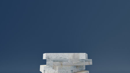 3d stone podium background products display mockup 3d render. scene on white floor, leaf, rock, and navy blue background podium shape nature. stand show cosmetic product.の写真素材